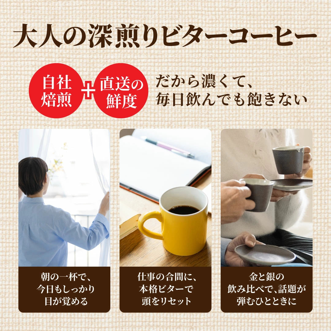 送料無料 焙煎したて 1.6kg 福袋 大容量 400gx4袋 中挽き/豆のまま 160杯分 飲み比べ セット 金と銀のビターブレンド