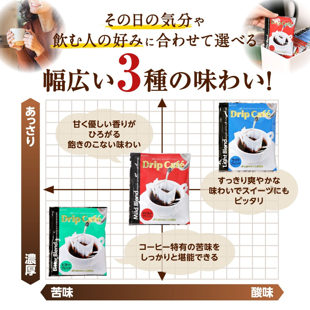 澤井珈琲 香典返し コーヒー ギフト ドリップコーヒー マイルド/ライト/ビターブレンド 3種 計5袋 10個/20個/50個セット (香典返し専用 挨拶状ハガキ 熨斗 手提げ袋 無料)品物 お返し 返礼品 引き出物 四十九日 満中陰志 忌明け 志 偲草 法事 法要 粗供養 粗品