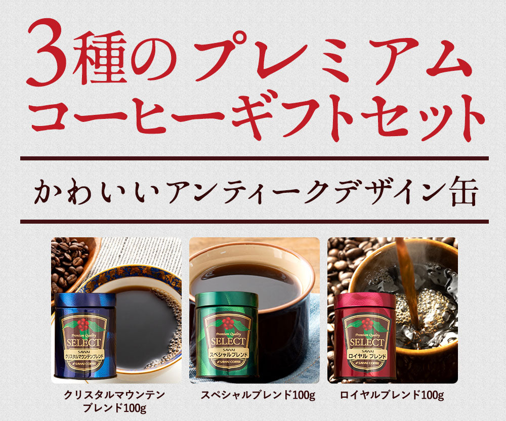 送料無料   詰め合わせ  レギュラーコーヒー 粉 豆 専門店のプレミアム100g3缶ギフトセット